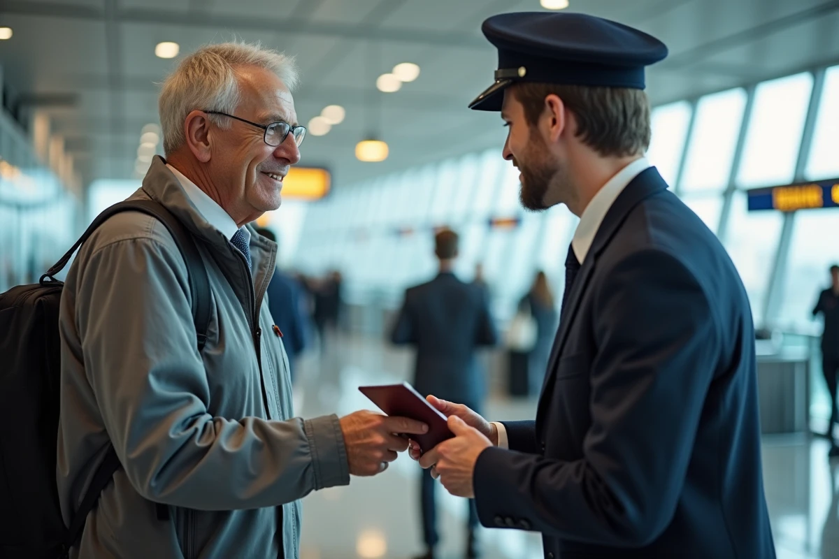 Homme présentant son passeport à un agent à l'aéroport lors de l'enregistrement