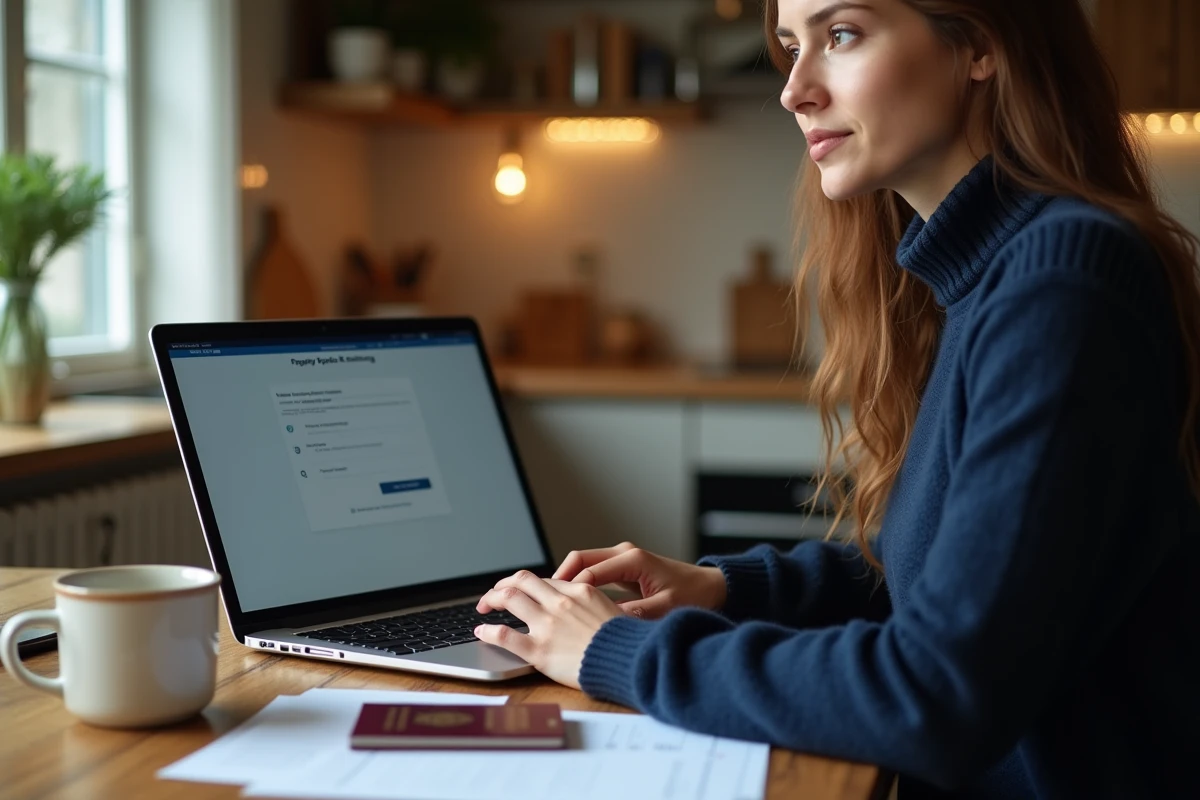 Jeune femme effectuant l'enregistrement de son passeport en ligne depuis chez elle