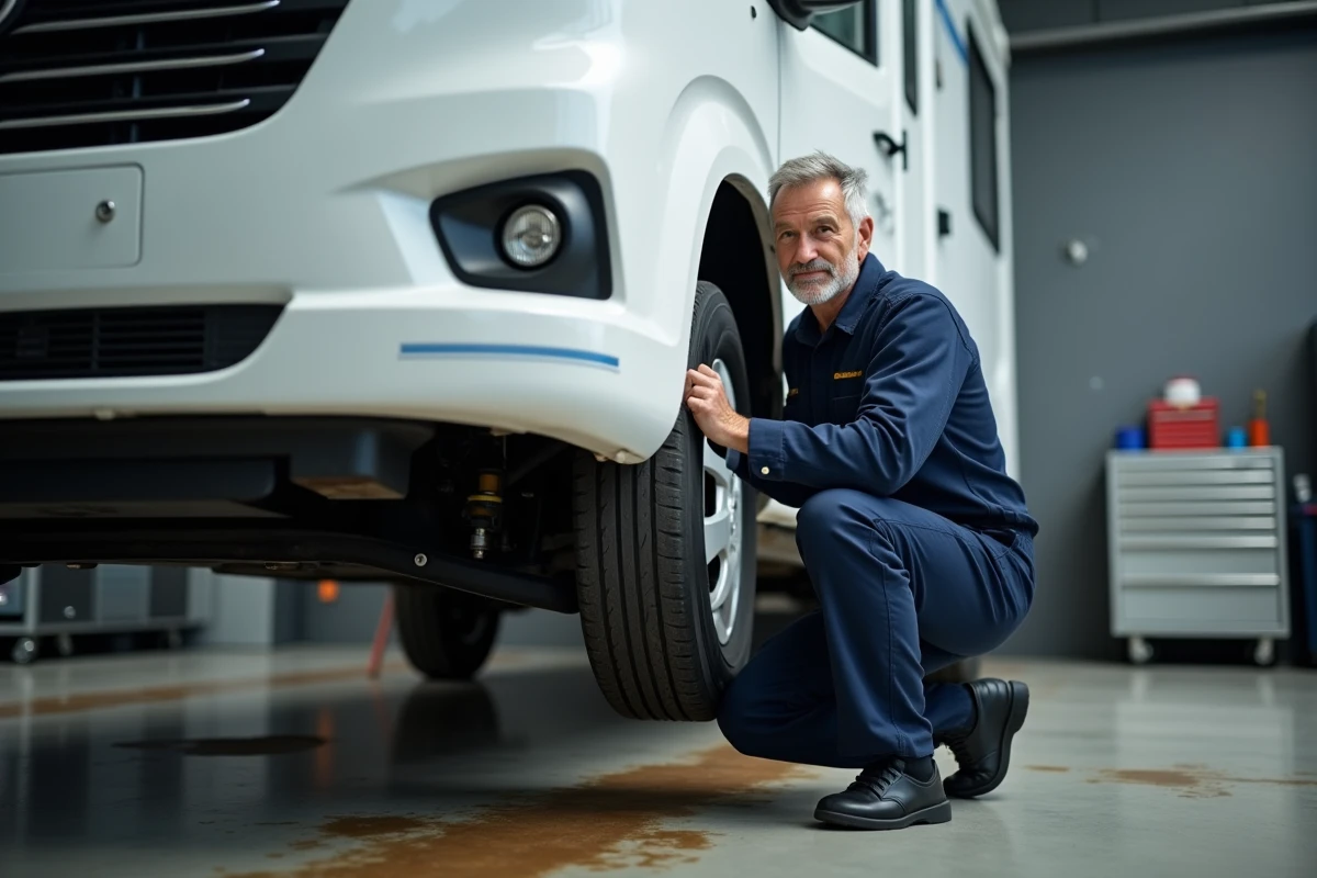 Mécanicien inspectant le châssis d'un camping-car moderne dans un garage de réparation spécialisé