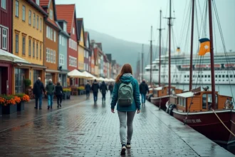 Touriste en escale de croisière se promenant sur le quai de Bryggen à Bergen avec les maisons hanséatiques colorées en arrière-plan