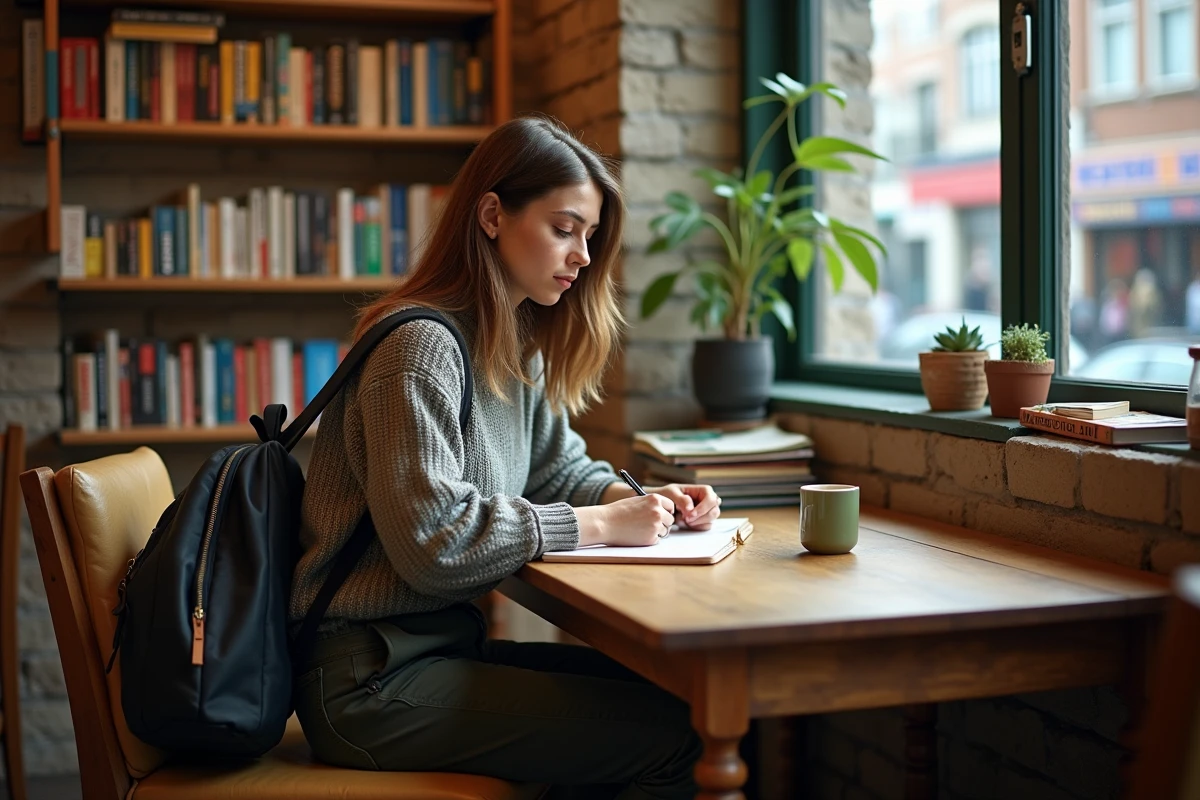 Personne installée dans l'espace commun d'une auberge, écrivant dans son journal lors d'un séjour résidentiel longue durée