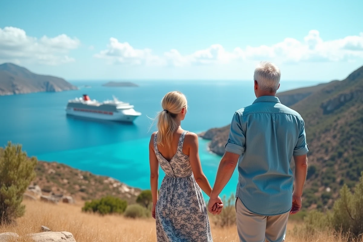 Couple en excursion MSC admirant une baie turquoise depuis un belvédère panoramique avec le navire visible au loin