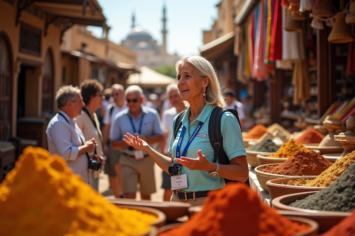 Guide touristique MSC Croisières accompagnant des passagers dans un marché animé d'un port nord-africain coloré