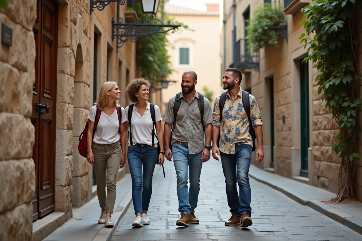 Groupe de touristes en excursion MSC Croisières explorant une ruelle pavée d'une ville historique européenne