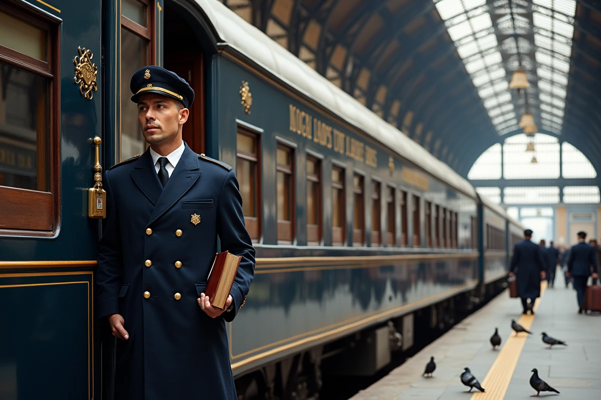 Locomotive de l'Orient Express en gare européenne avec conducteur en uniforme et voyageurs sur le quai