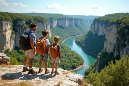 Famille en randonnée contemplant les Gorges de l'Ardèche depuis un belvédère rocheux en été