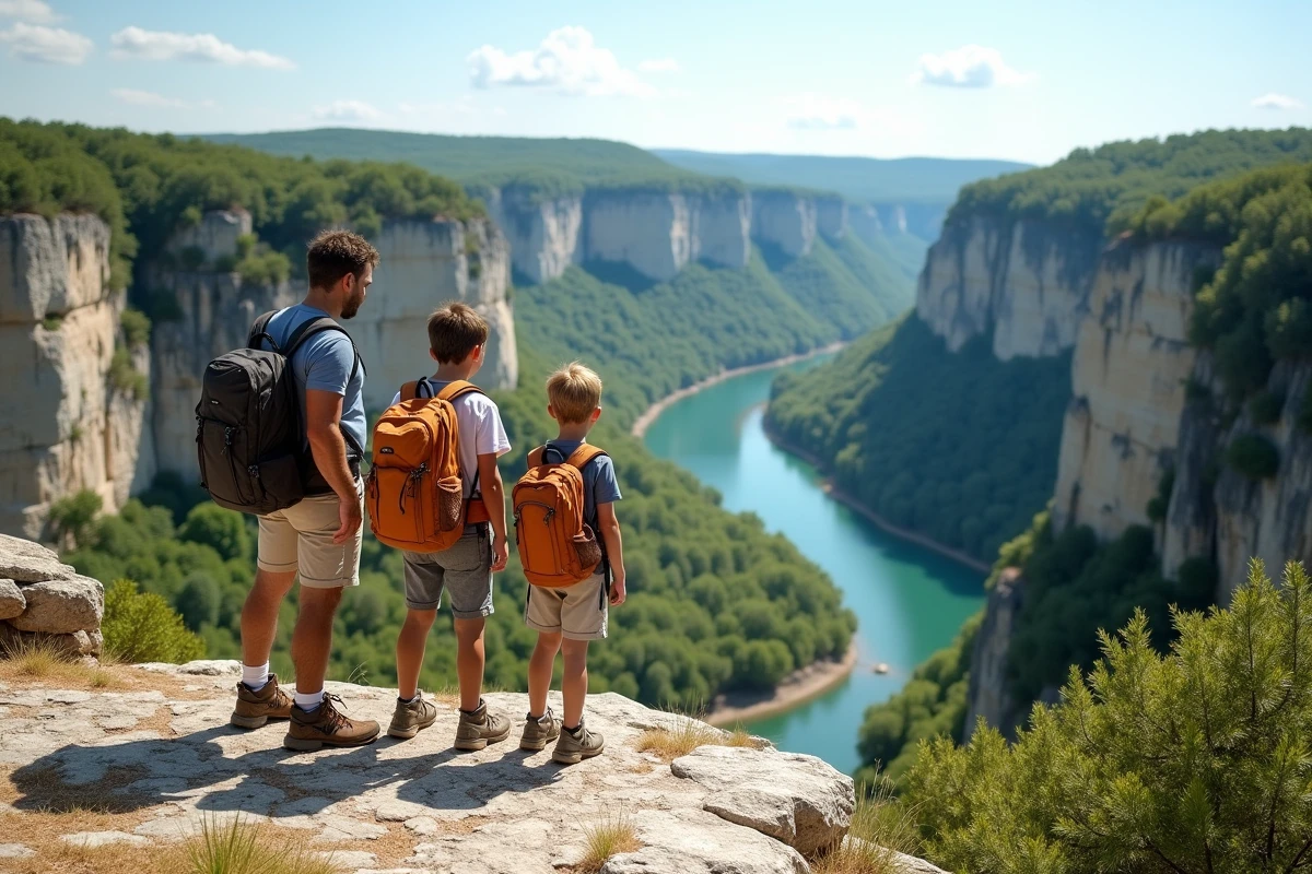 Famille en randonnée contemplant les Gorges de l'Ardèche depuis un belvédère rocheux en été
