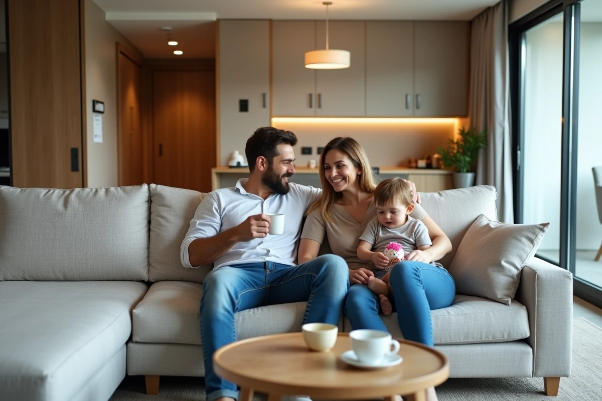 Famille avec enfant en bas âge profitant du séjour spacieux dans un appart hôtel