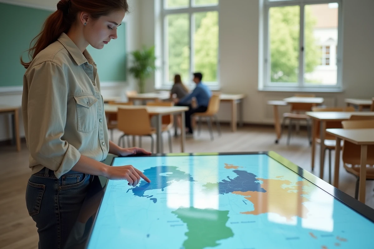 Femme consultant une carte interactive comparant la superficie du Japon et de la France dans une salle de géographie moderne