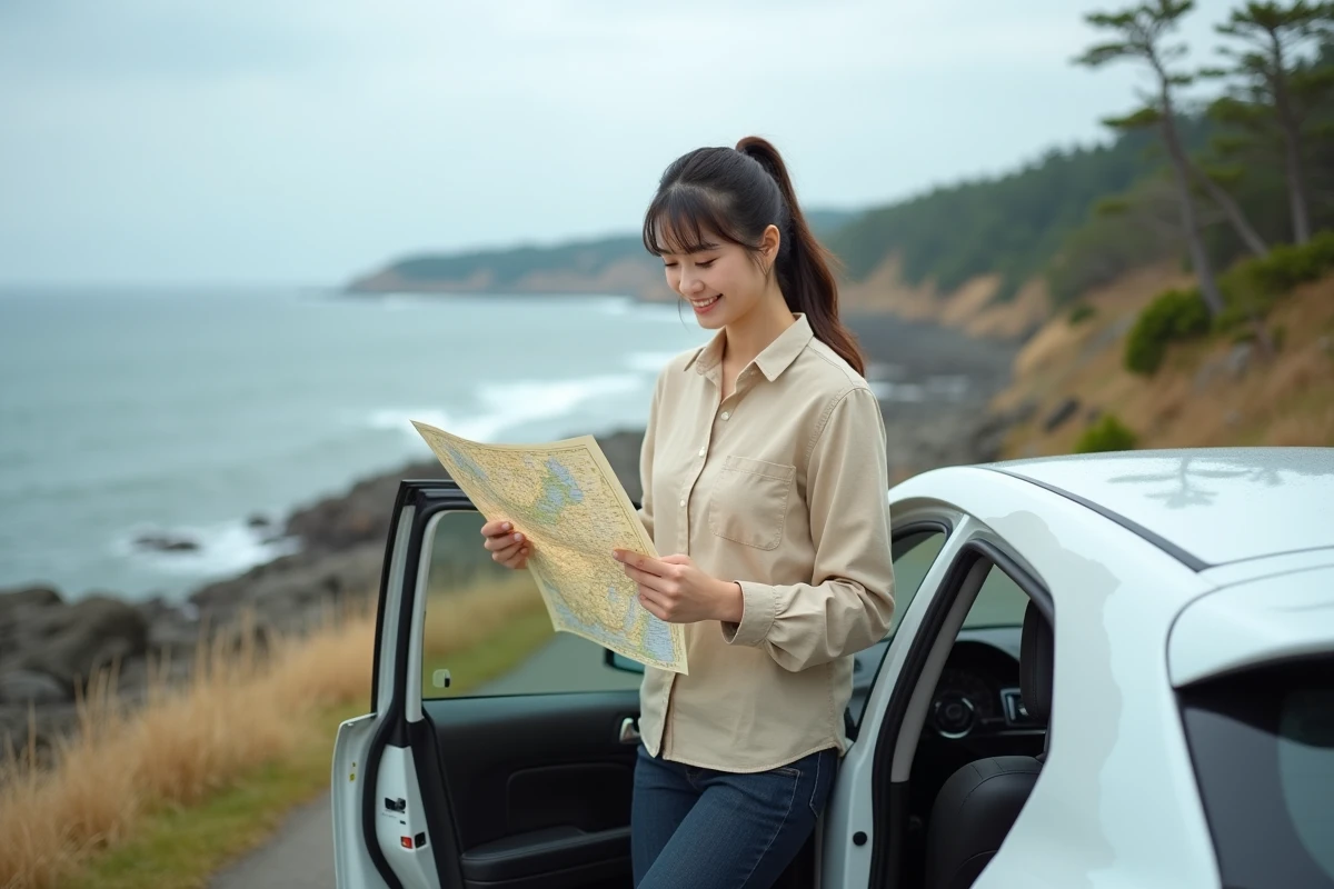Femme japonaise consultant une carte routière du Japon appuyée contre sa voiture lors d'une pause sur une côte rocheuse du Pacifique