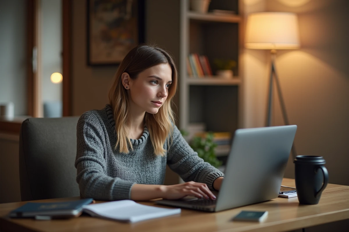 Femme consultant Google Flights sur un ordinateur portable pour planifier un vol long-courrier depuis son bureau à domicile