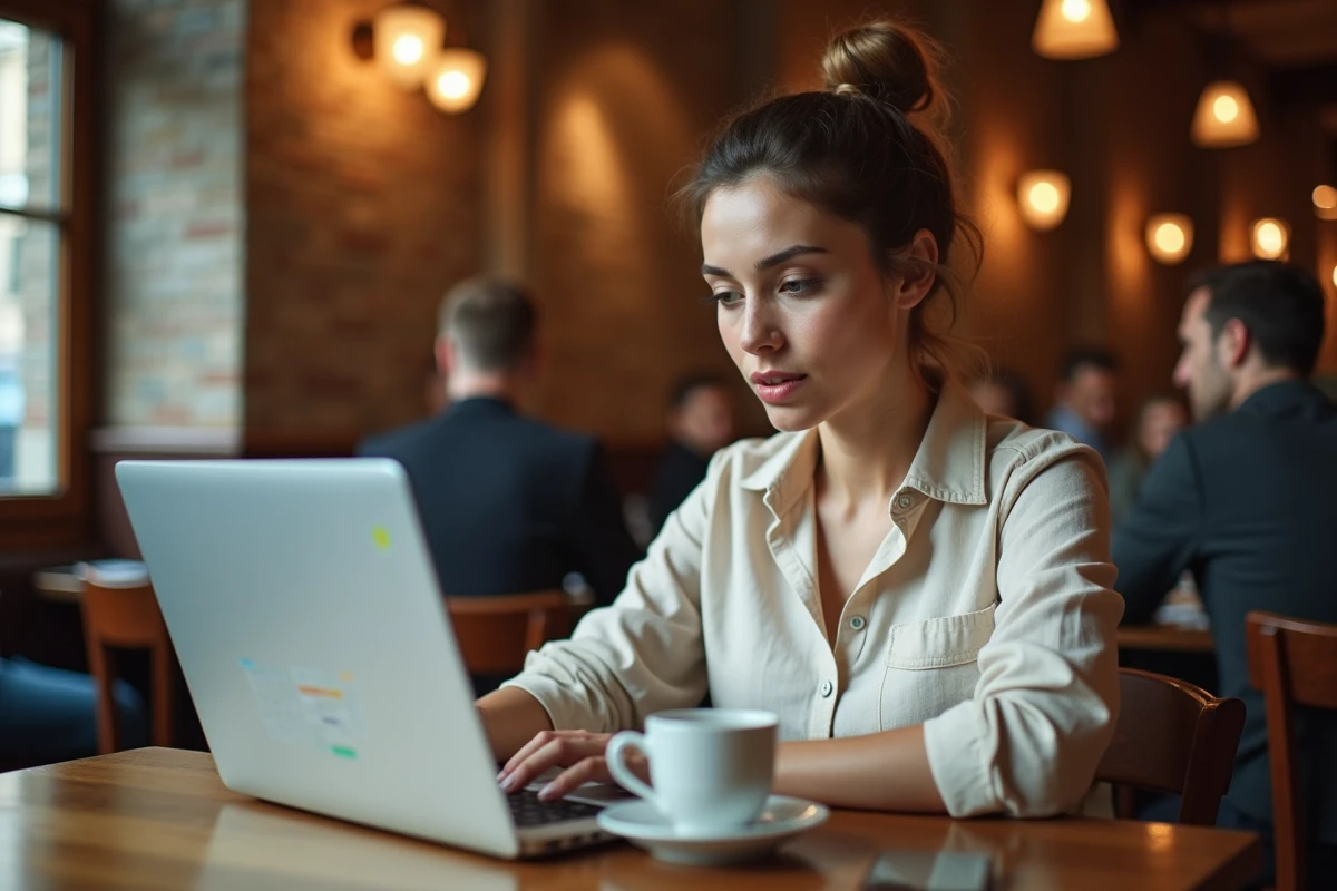 Femme consultant Google Flights sur un ordinateur portable dans un café parisien pour trouver des vols pas chers en haute saison