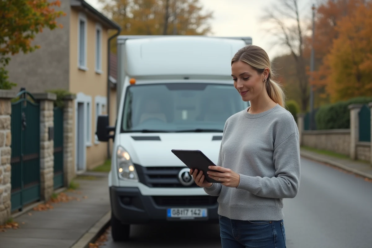 Femme consultant un itinéraire Mappy sur tablette pour un véhicule utilitaire garé en rue