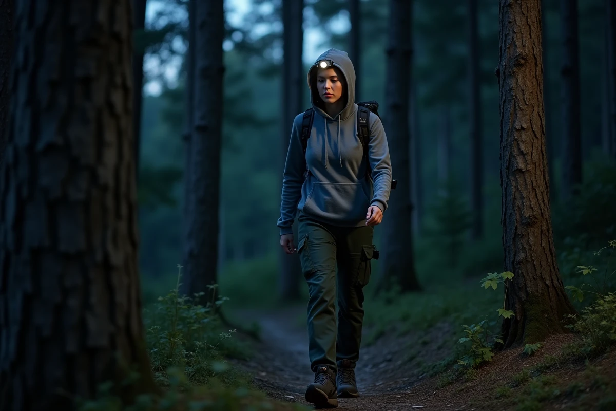 Femme avec lampe frontale marchant sur un sentier de camping la nuit pour trouver des toilettes
