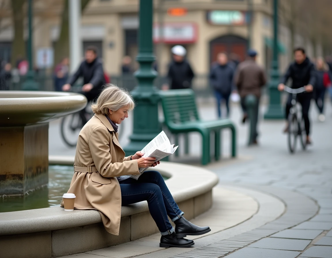 Femme lisant un journal assise sur les marches de la fontaine place de la République à Paris