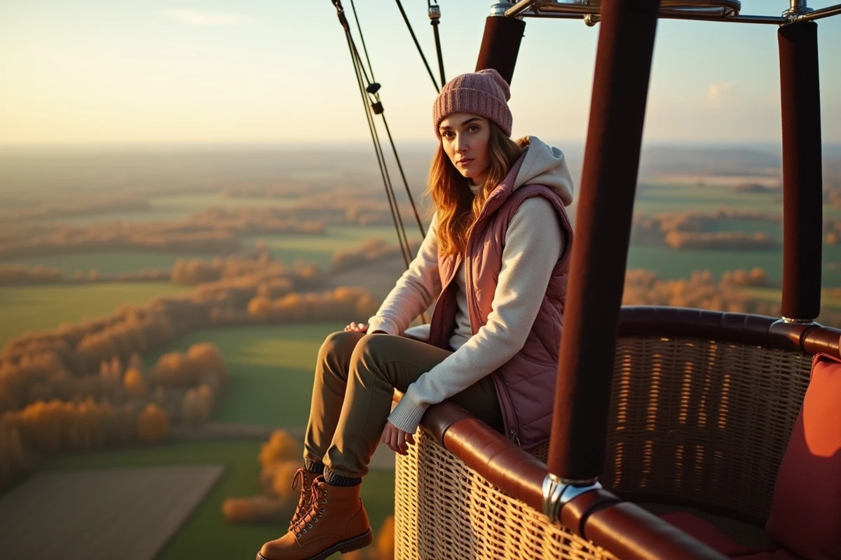 Femme en pantalon cargo, veste polaire et bonnet dans la nacelle d'une montgolfière avec vue sur les champs d'automne