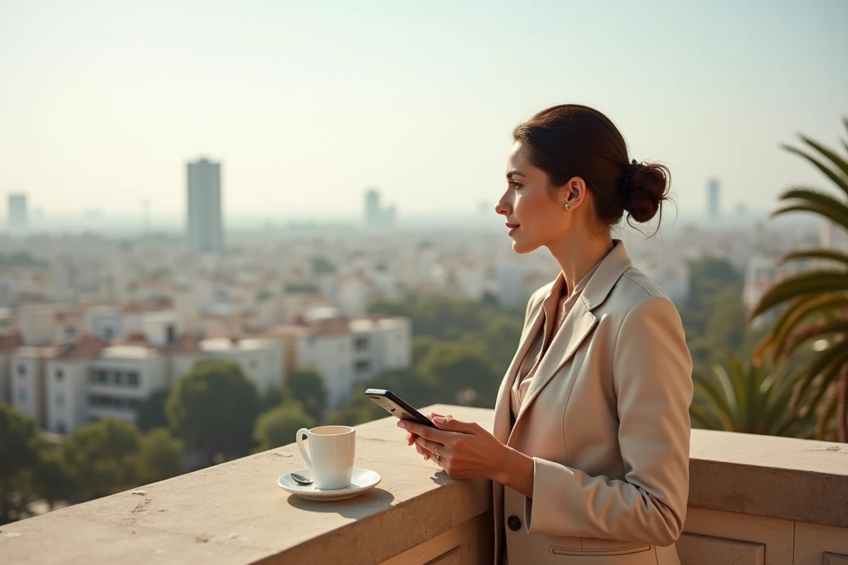 Femme aisée sur une terrasse avec vue sur le quartier luxueux d'Anfa à Casablanca