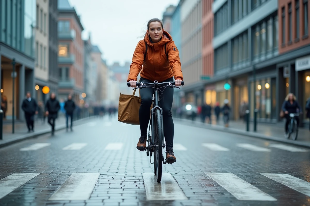 Femme danoise sur un vélo cargo traversant une intersection cyclable moderne à Copenhague sous un ciel couvert