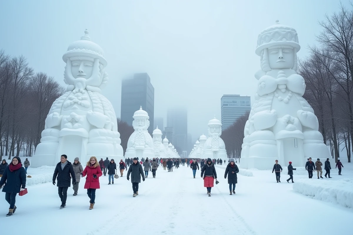 Festival de la neige de Sapporo à Hokkaido avec sculptures géantes en neige et visiteurs en manteaux d'hiver