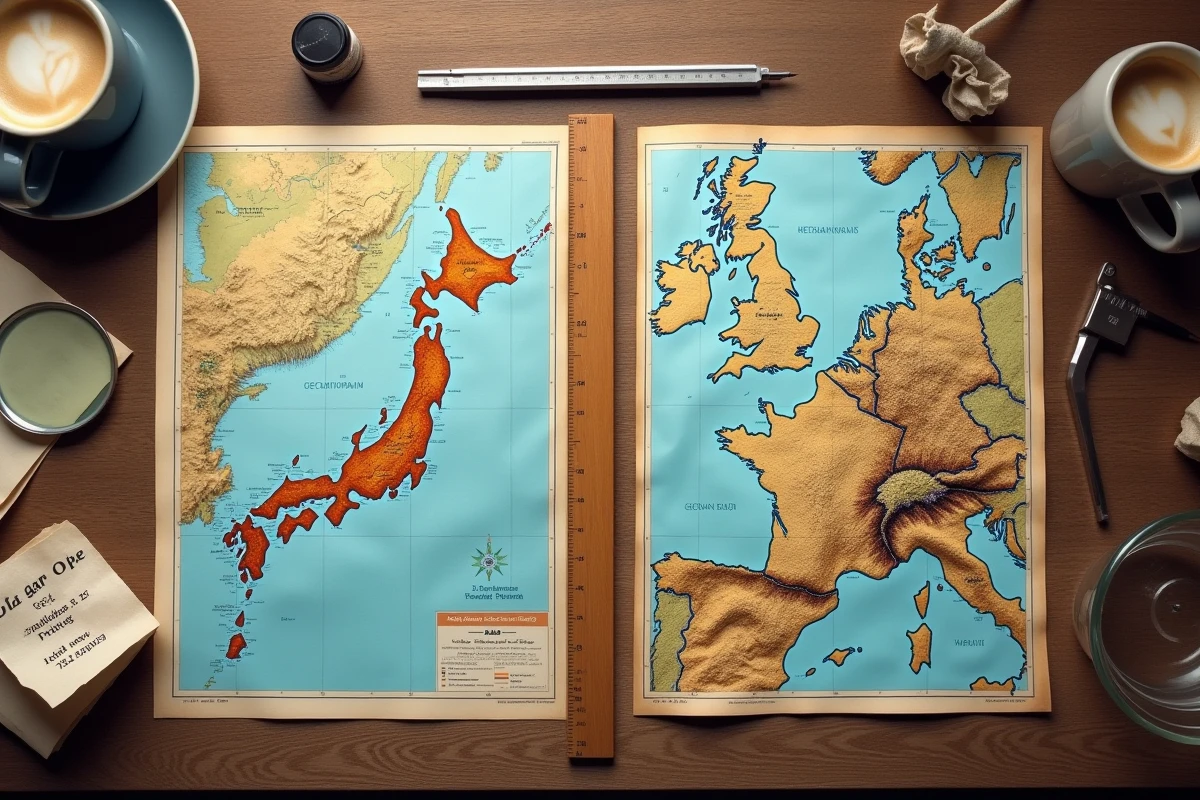 Vue aérienne de cartes topographiques imprimées du Japon et de la France comparées à la même échelle sur une table en bois