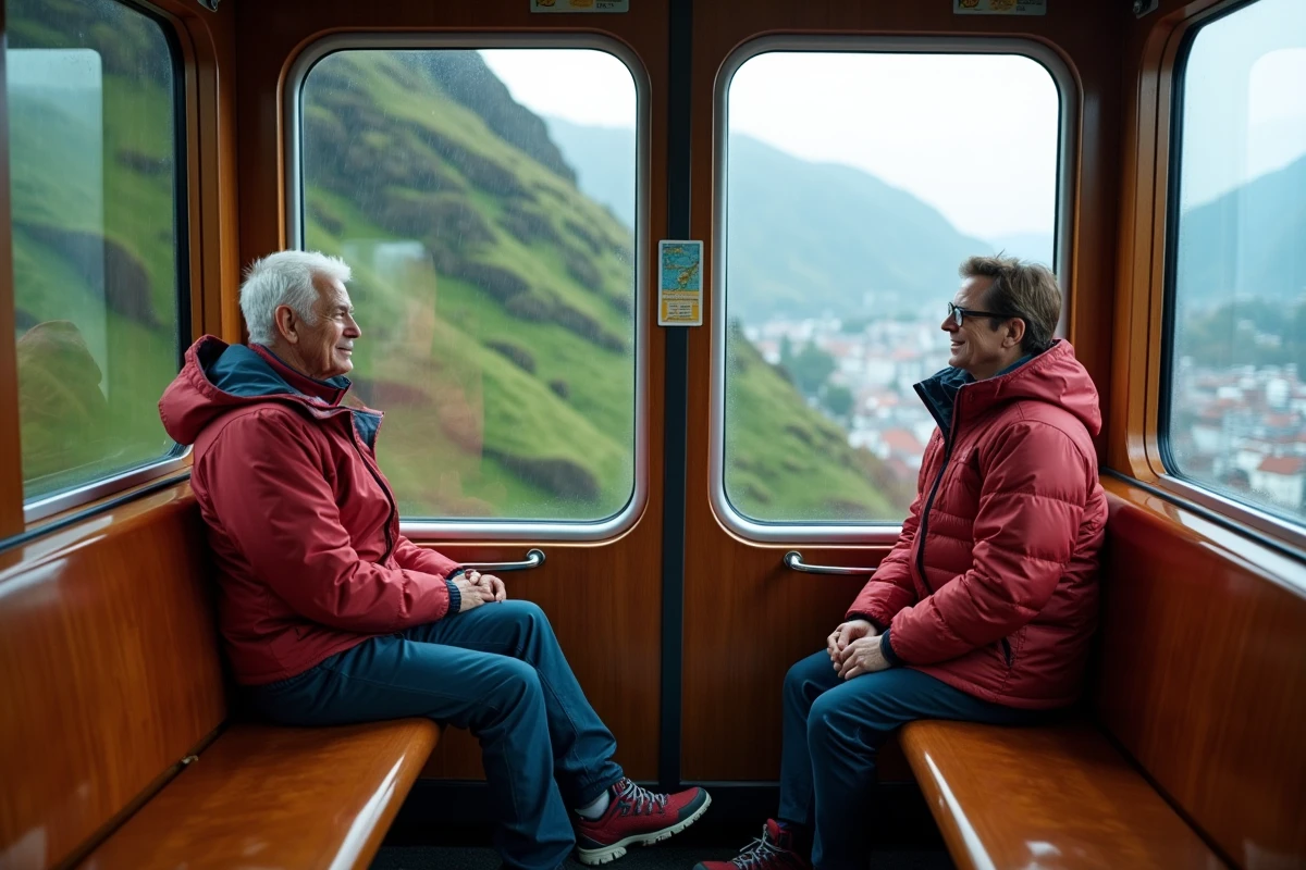 Couple de passagers en croisière à bord du funiculaire Fløibanen montant vers le mont Fløyen à Bergen en Norvège