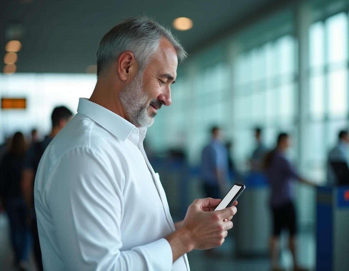 Homme consultant la gestion de sa réservation Air Algérie sur smartphone dans un aéroport