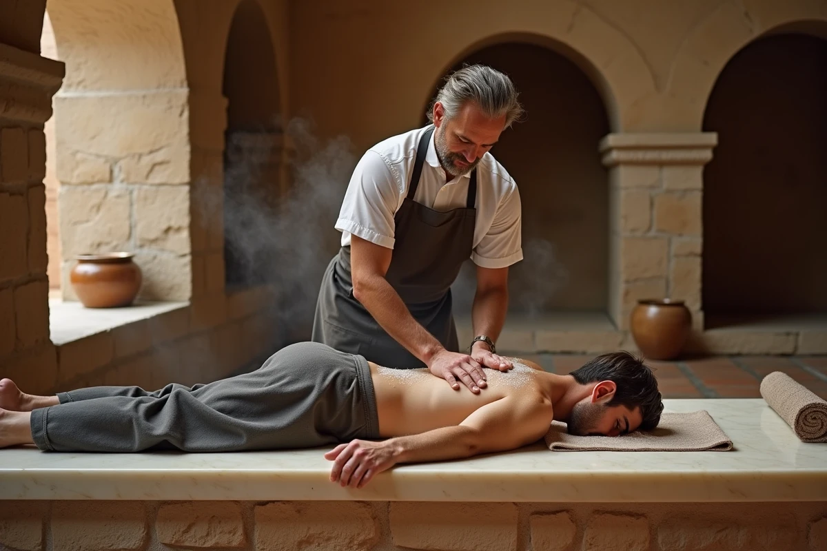 Thérapeute effectuant un gommage kessa traditionnel sur un client allongé sur une dalle de marbre chauffée dans un hammam en pierre