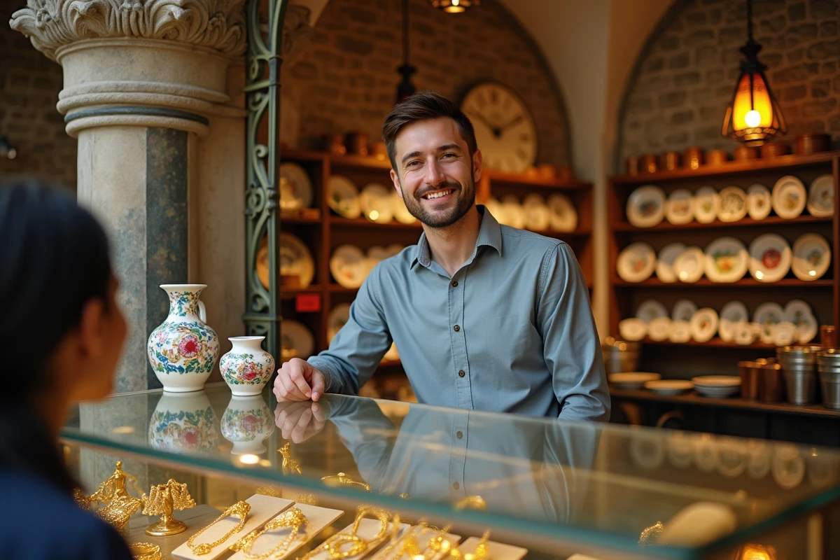 Marchand du Grand Bazar d'Istanbul présentant des bijoux et céramiques artisanales dans une boutique voûtée