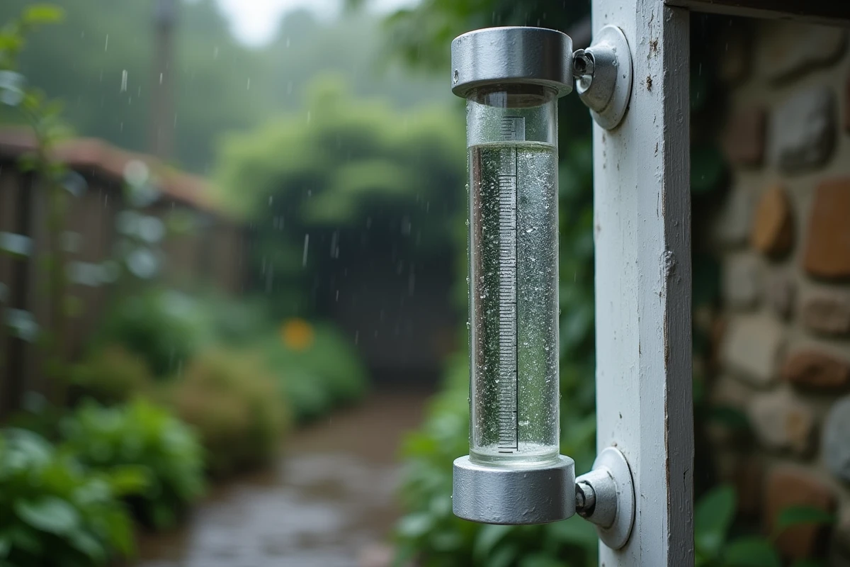 Gros plan sur un pluviomètre en verre avec niveau d'eau visible et gouttes de pluie sur la surface
