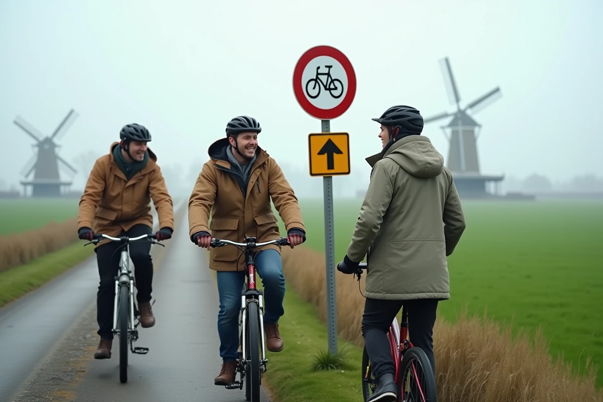 Groupe de cyclistes faisant une pause près d'un panneau de route cyclable dans la campagne néerlandaise avec des moulins à vent au loin