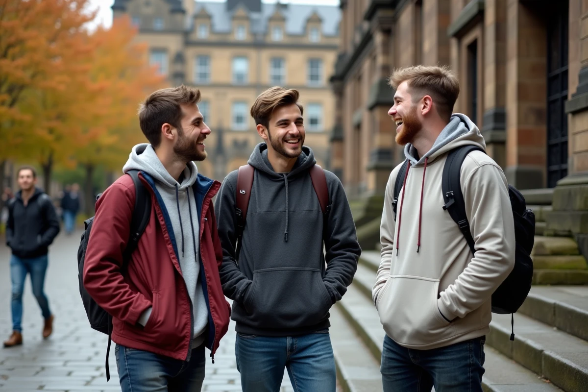 Groupe d'étudiants en séjour linguistique discutant en anglais devant un bâtiment universitaire écossais