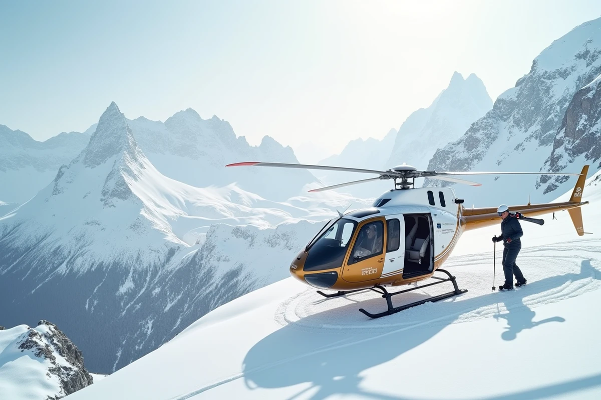 Hélicoptère privé sur un héliport alpin avec skieur aisé accédant à des pentes vierges de haute montagne