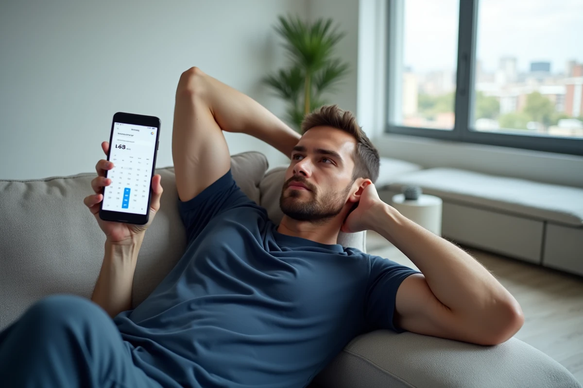 Homme allongé sur un canapé consultant le calendrier de prix Google Flights sur smartphone pour planifier un voyage en haute saison