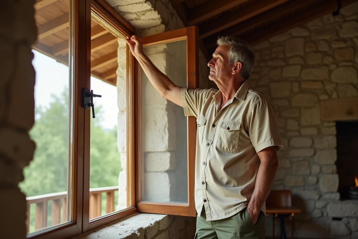 Homme installant une moustiquaire sur une fenêtre en bois dans une maison de campagne rustique