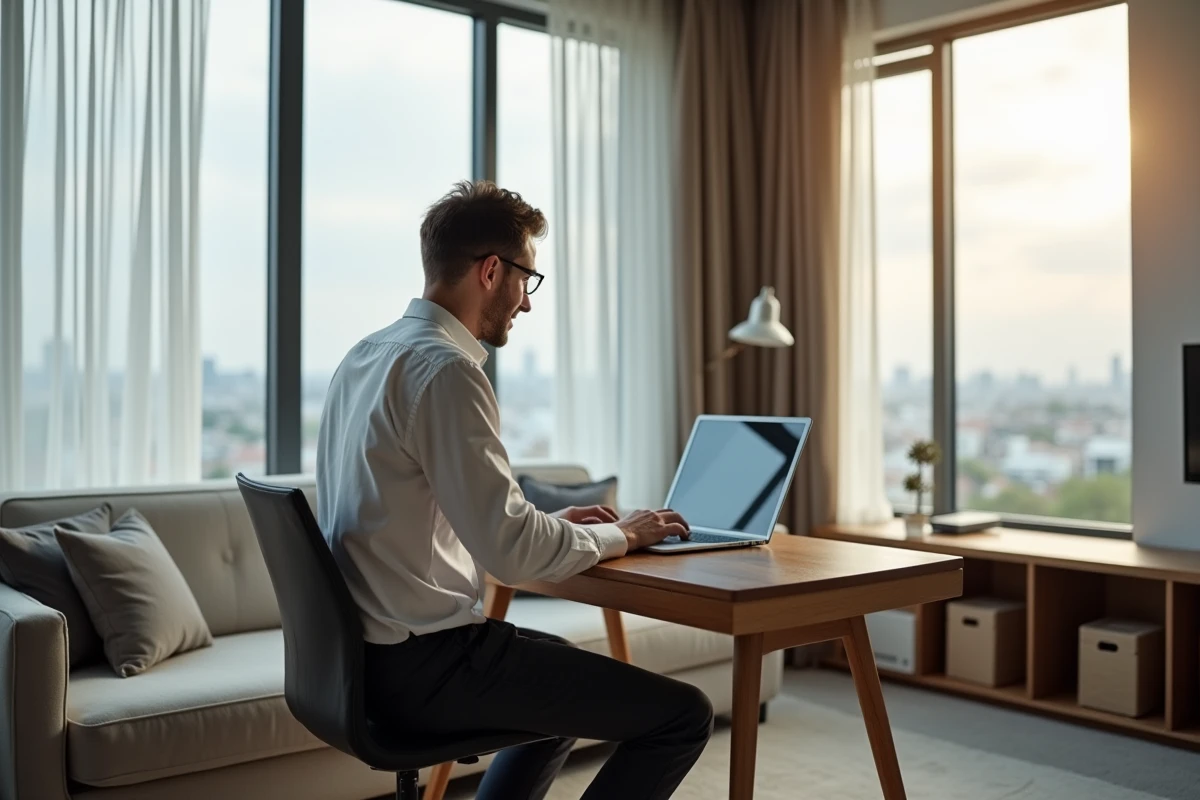 Homme en télétravail installé confortablement dans un appart hôtel avec vue urbaine