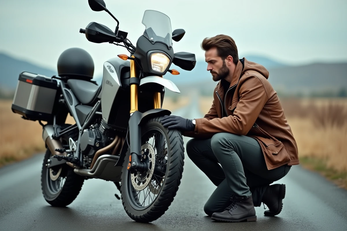Motard inspectant le pneu de sa moto chargée avant un road trip, accroupi sur une route de campagne