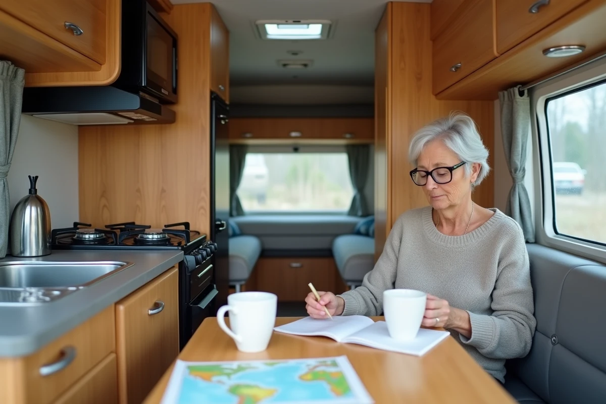 Intérieur fonctionnel d'un camping-car économique avec kitchenette et espace repas organisé