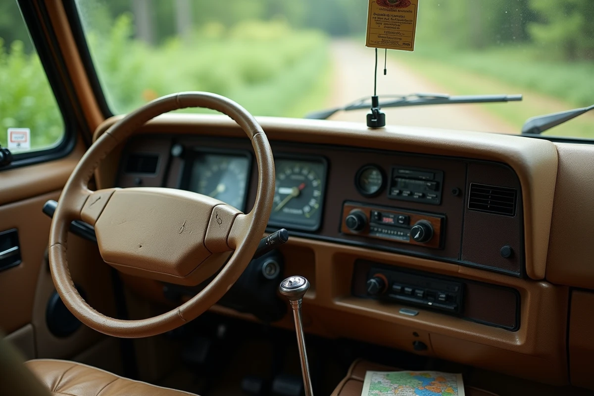 Intérieur vieilli d'un camping-car avec tableau de bord usé et compteur kilométrique élevé témoignant d'une longue durée de vie