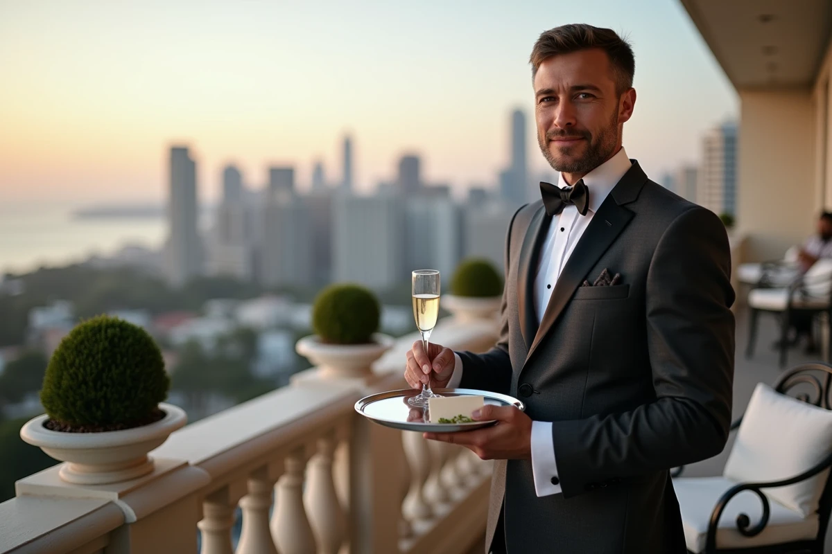 Majordome en costume gris anthracite présentant une coupe de champagne sur un balcon de suite de palace avec vue panoramique sur la ville