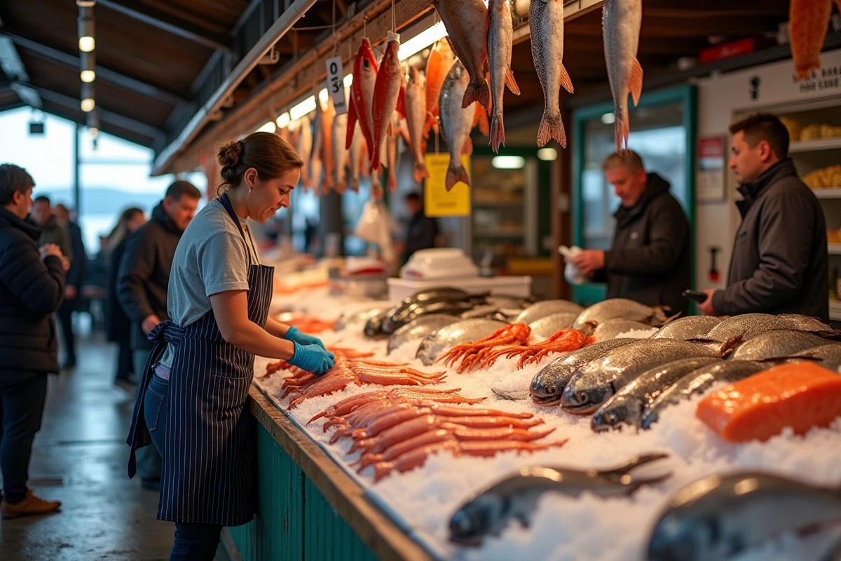 Touristes en escale de croisière découvrant les étals de poissons frais et de crabe au marché aux poissons de Bergen en Norvège