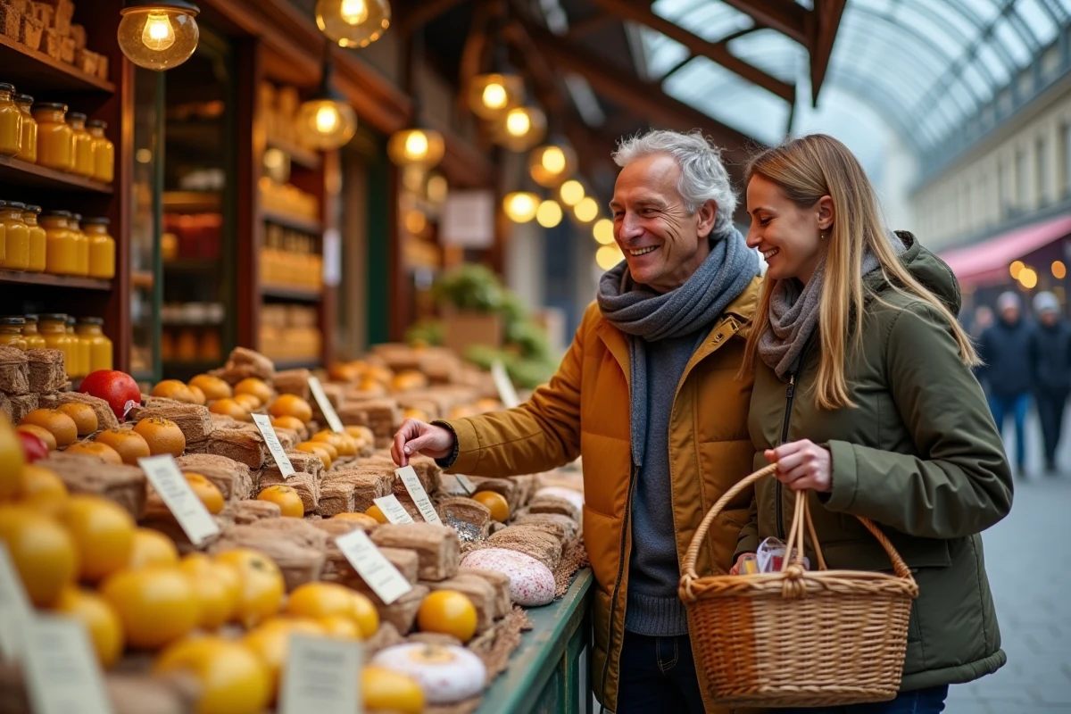 Couple faisant leur marché aux Halles de Dijon devant des étals de spécialités bourguignonnes comme la moutarde, l'époisses et le pain d'épices