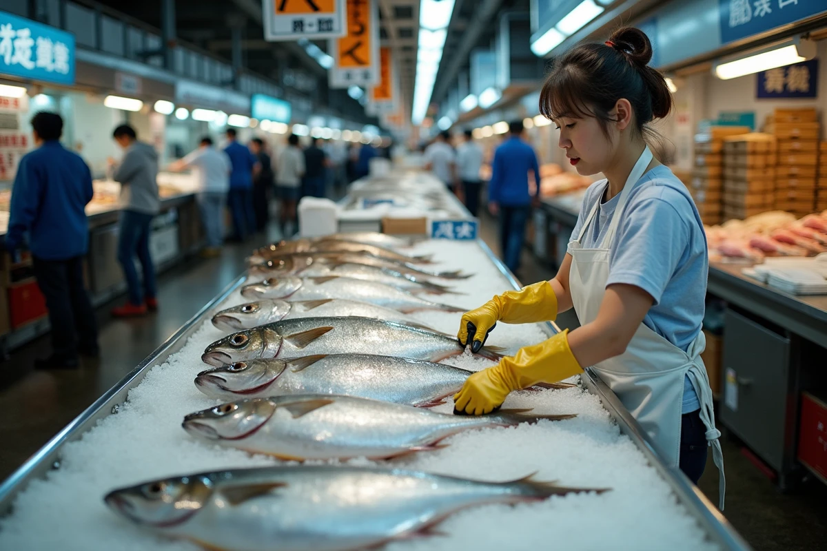 Vendeuse de poissons frais sur le marché de Tsukiji à Tokyo avec des fruits de mer disposés sur la glace