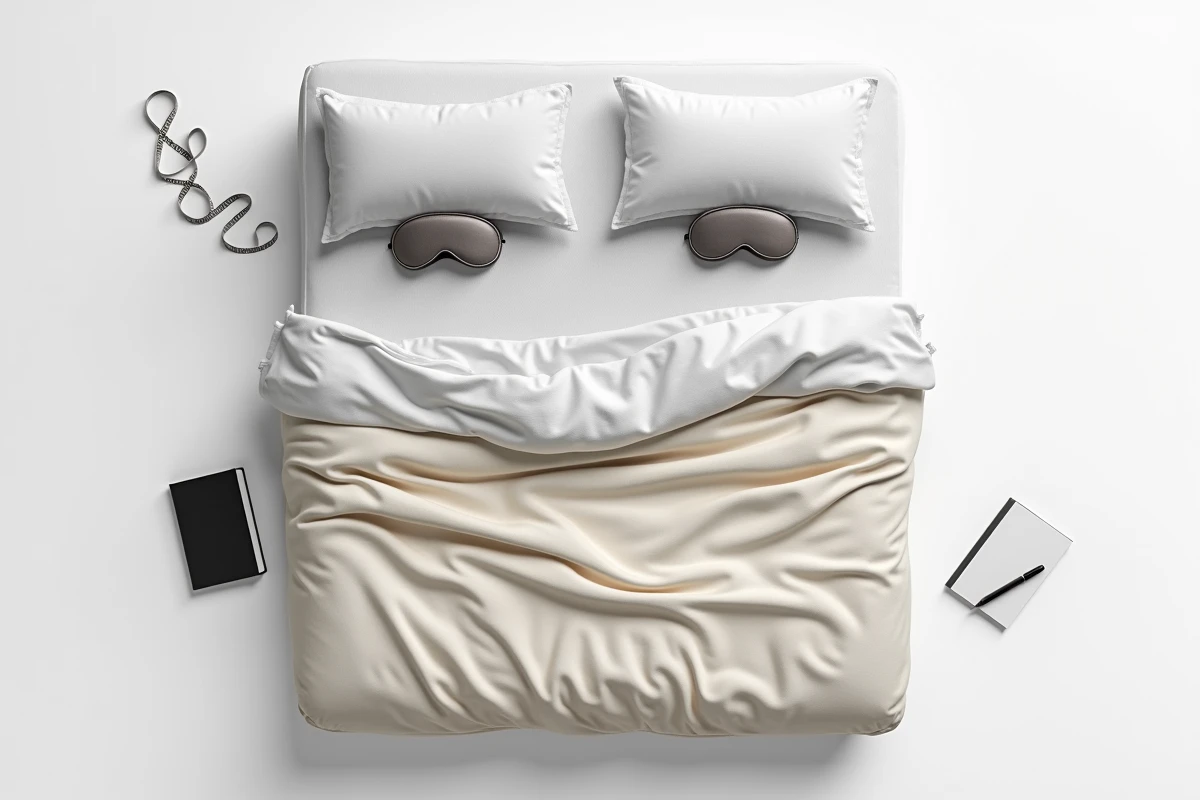 Vue aérienne d'un matelas de capsule sommeil avec deux parures de lit complètes illustrant la question du couchage double en pod
