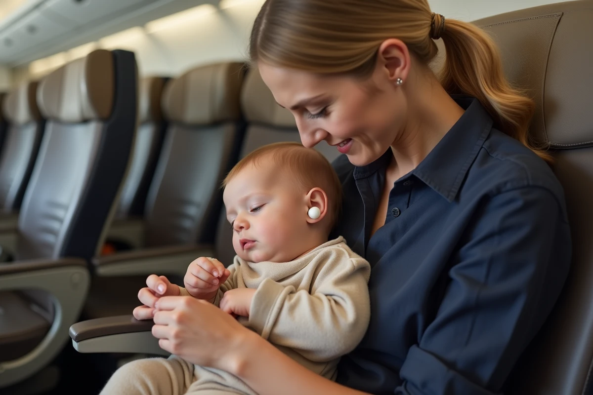 Mère insérant des bouchons d'oreilles à son bébé endormi dans un avion pour protéger ses oreilles
