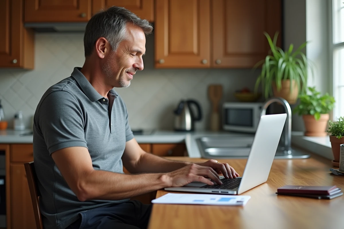 Homme consultant une compagnie aérienne sur son ordinateur portable à la maison avec passeport et billet imprimé, pour comprendre les règles de transfert de vol