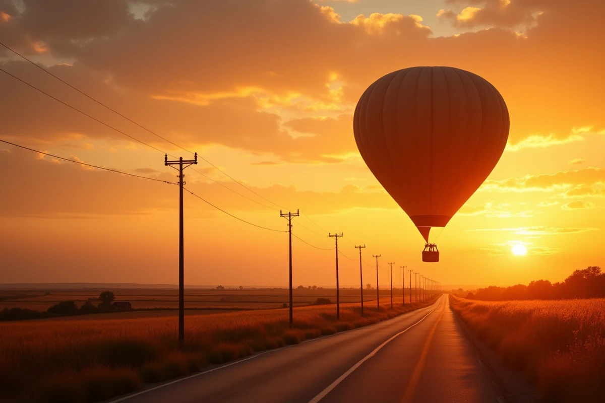 Montgolfière solitaire en silhouette au lever du soleil survolant des champs agricoles dorés