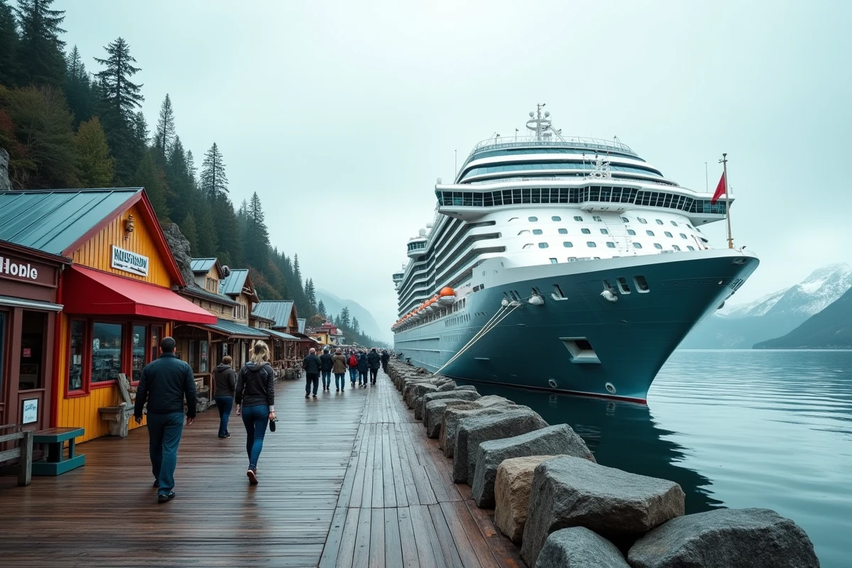 Navire de croisière amarré dans un port alaskien avec des boutiques colorées et des passagers se promenant sur le quai