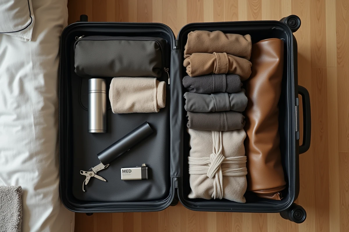 Vue aérienne d'une valise ouverte contenant des objets interdits en soute comme un briquet, un couteau et une batterie lithium