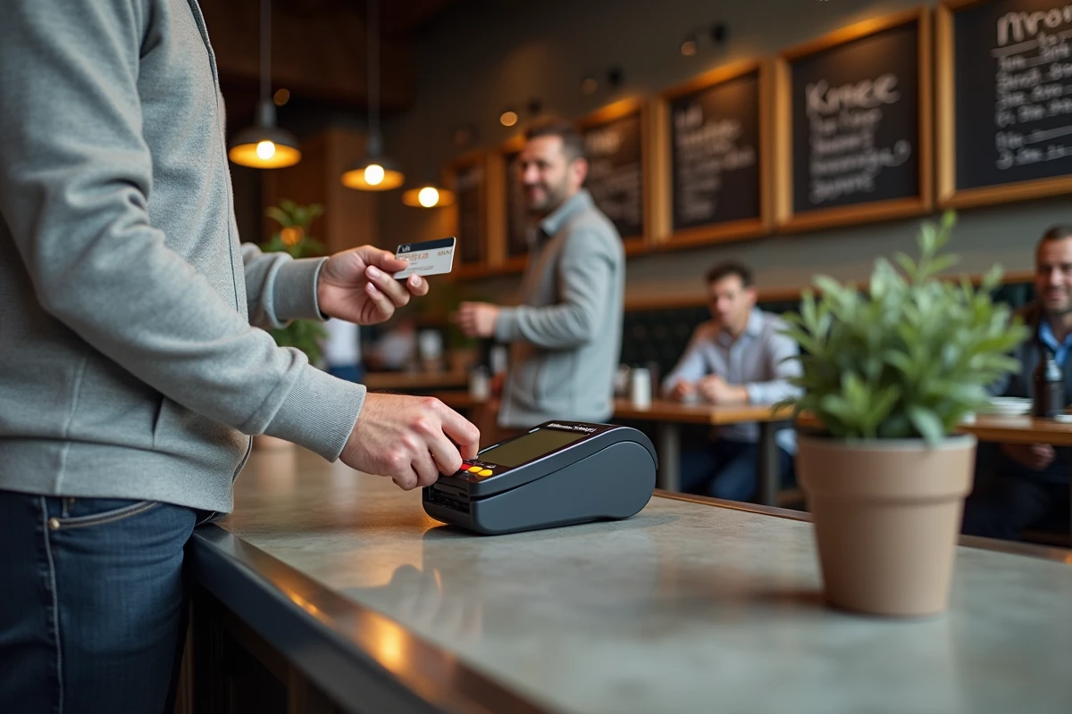 Homme payant l'addition dans un restaurant de Trondheim avec une carte bancaire, montrant le prix en couronnes norvégiennes