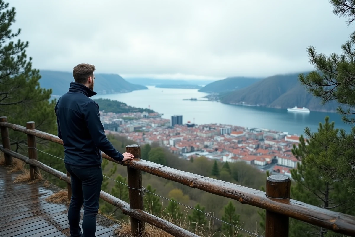 Vue panoramique sur Bergen et le fjord depuis le sommet du mont Fløyen avec un voyageur en escale de croisière contemplant le paysage